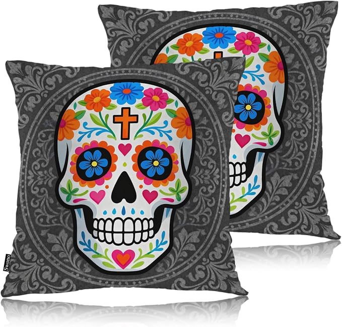 Swono Sugar Skull Set of 2 Square 18x18 Inch Throw Pillow Cover Mexican Day of by Swono
