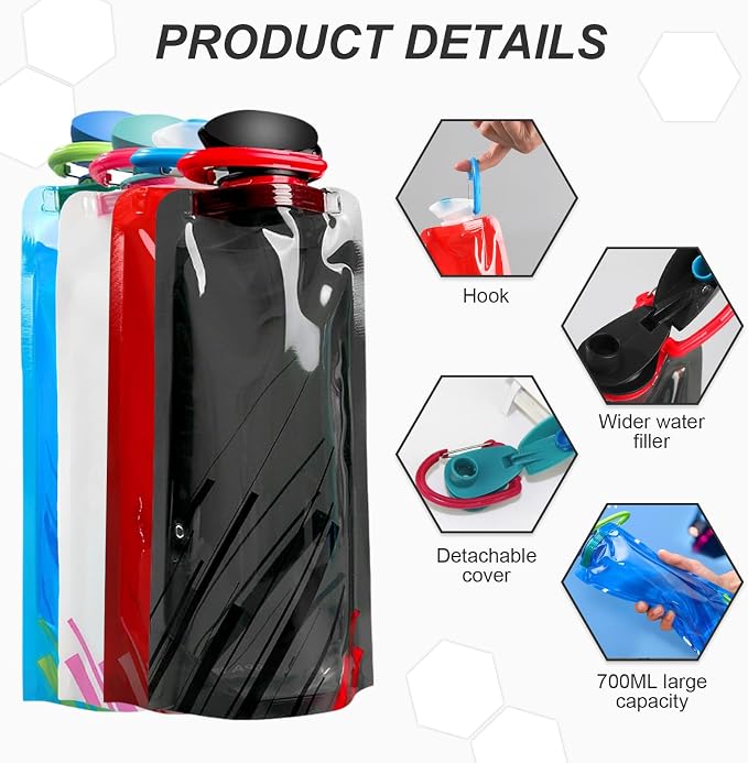 4 Pack 700 ml Collapsible Water Bottle, Portable Leakproof Bag - Image 4