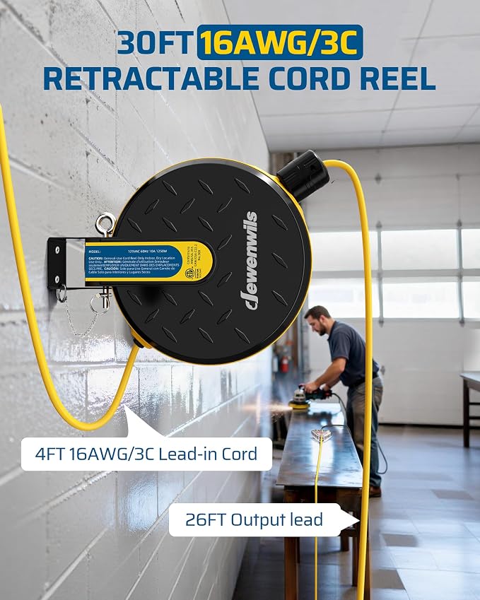 DEWENWILS 30FT Retractable Extension Cord Reel, Ceiling/Wall Mount 16/3 SJTW - Image 2