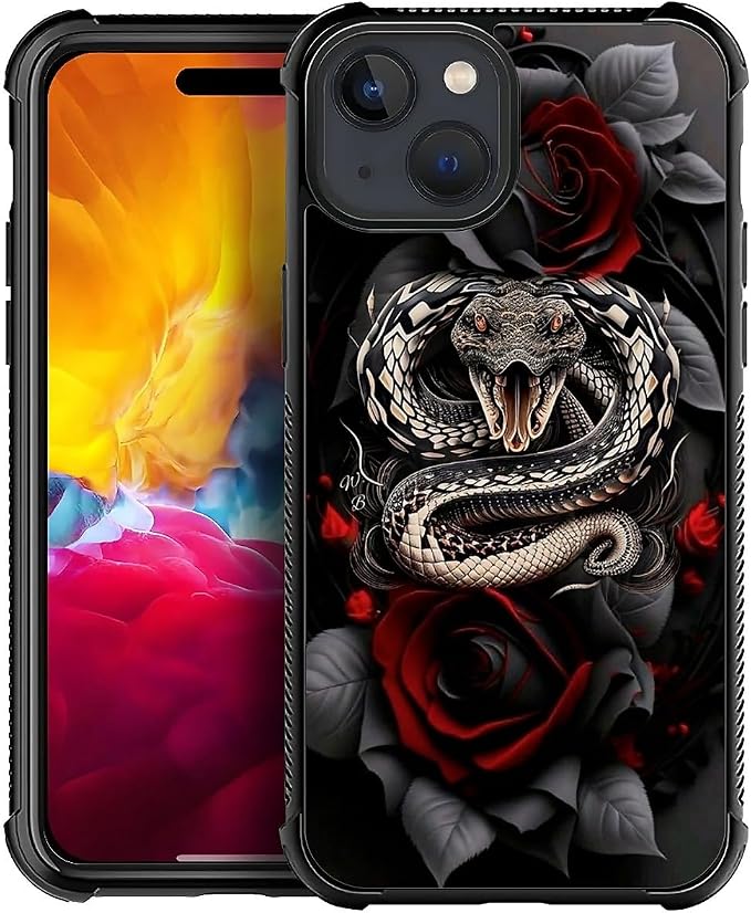 for iPhone 15 Case, Entwined Rose Snake Pattern Graphic Design Girl Boy Soft by FKBRCL4U