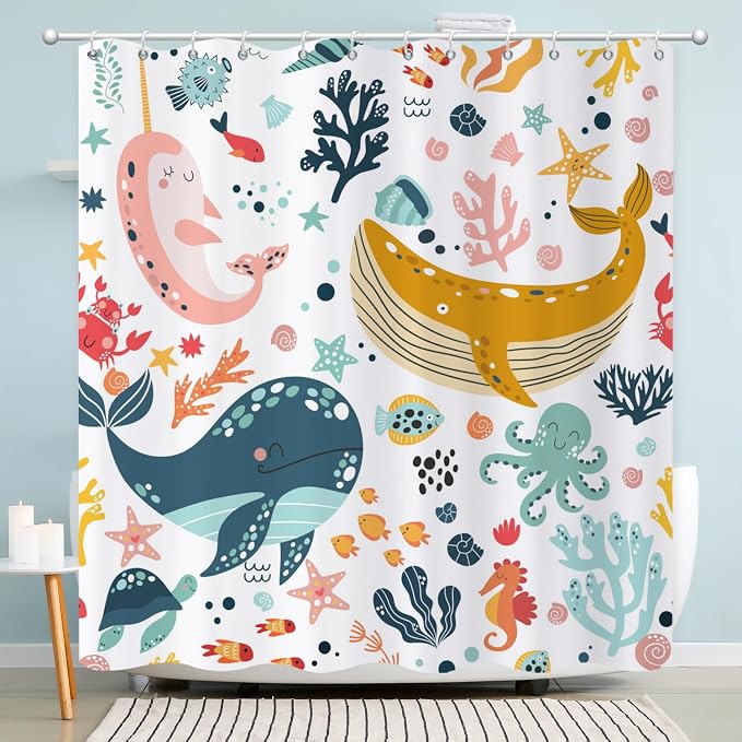 Kids Whale Shower Curtain, Funny Cute Ocean Fish Cartoon Sealife Under Sea - Image 2