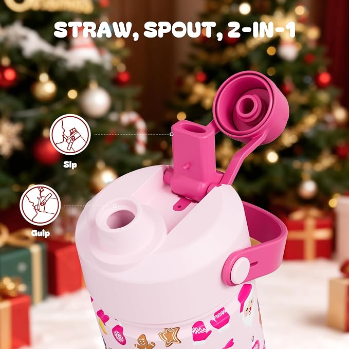 12 oz Christmas Kids Insulated Water Bottle: 2-in-1 Straw Spout Lid, Stainless - Image 4