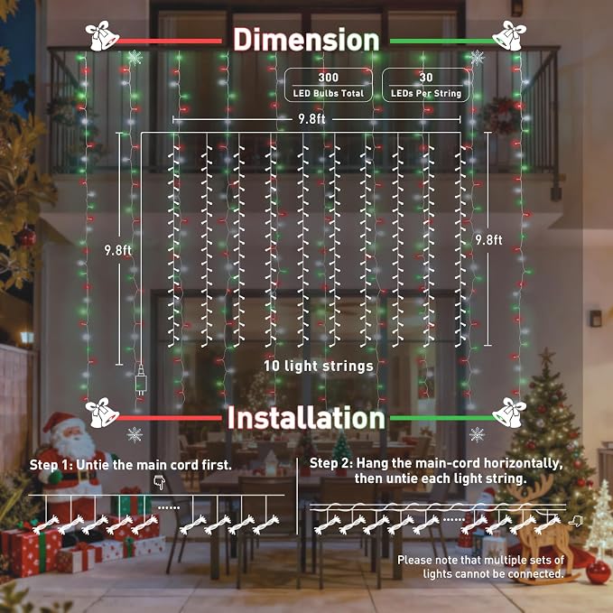 JMEXSUSS 300LED Red White and Green Christmas Curtain Lights - Image 7