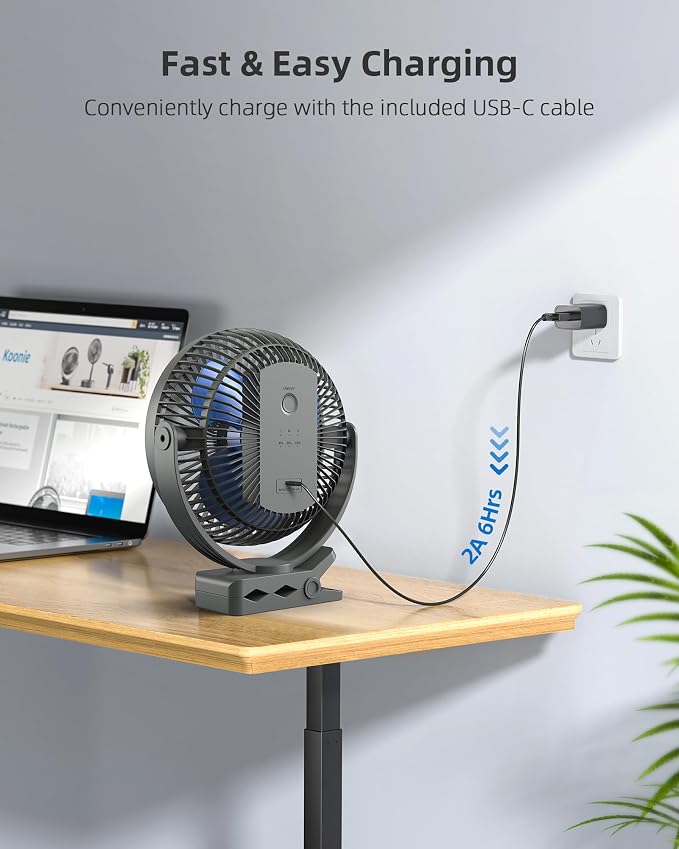 Koonie 10000mAh Rechargeable Portable 8-Inch Clip-on Fan, USB Car Fan 4 Speeds - Image 7
