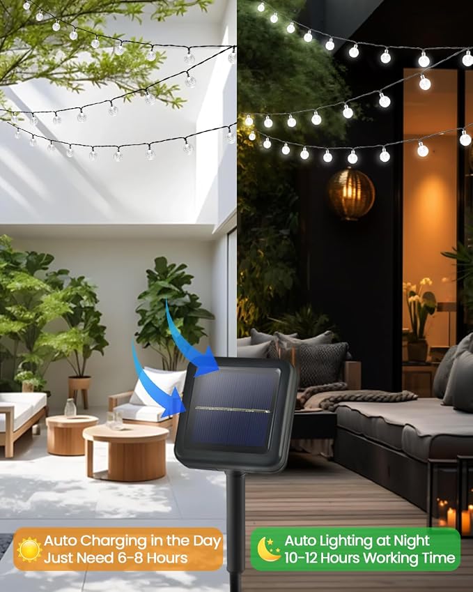 2-Pack 72FT 120 LED White Crystal Globe Solar String Lights Outdoor, Waterproof - Image 6