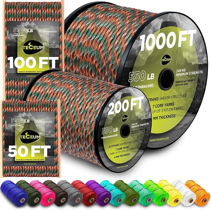 TECEUM 5/32" Paracord Rope 1000 – 1000ft / 200ft / 100ft / 50ft – Tactical by TECEUM