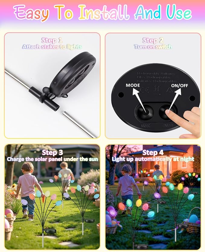 Upgraded 4 Pack Solar Easter Egg Lights Outdoor, Colorful Swaying Firefly Lights - Image 5