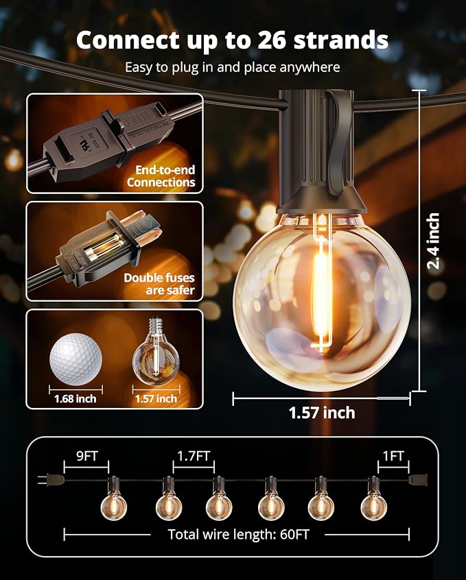 VIPAR Outdoor String Lights, 60FT 32 G40 Bulbs Patio Lights Outdoor Waterproof - Image 8