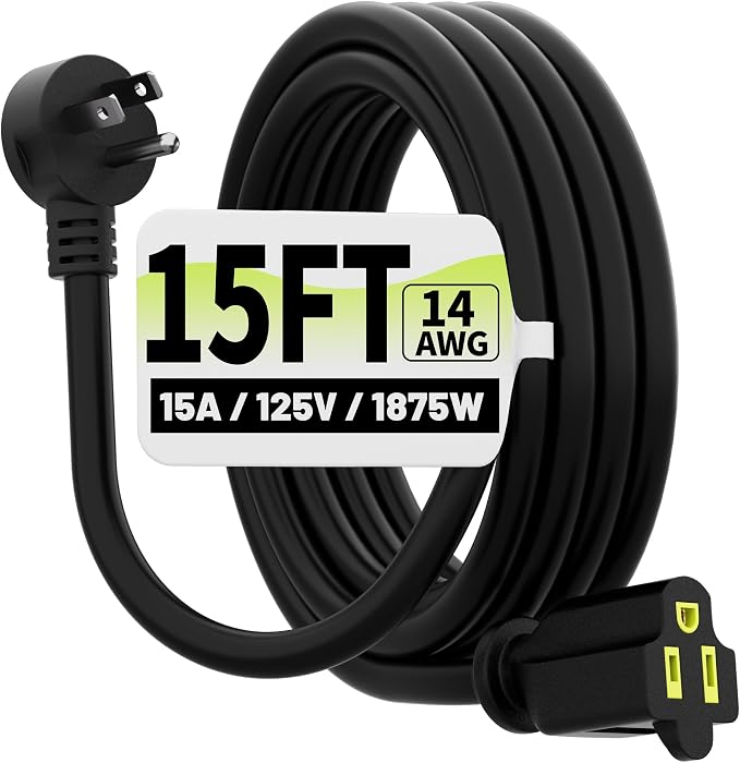 Vockjour 15 FT Black Low Profile Flat Plug 14 Gauge Heavy Duty Extension Cord by Vockjour