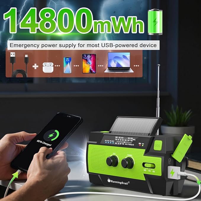 Emergency Crank Weather Radio, 14800mWh Solar Hand Crank Portable AM/FM/NOAA - Image 2