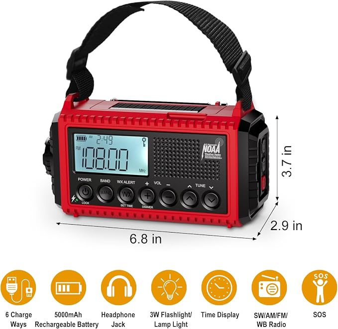 Raynic Emergency Radio, 5000mAh/18500mWh Weather Radio, Solar Hand Crank - Image 5