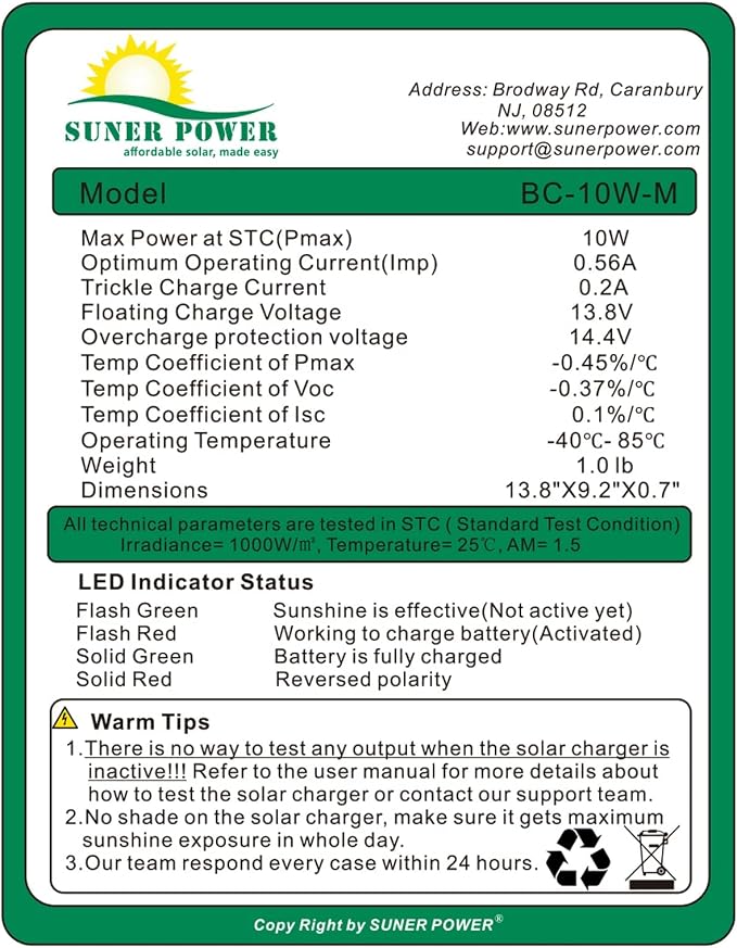 SUNER POWER 10W 12V Solar Battery Charger Maintainer, Built-in Smart MPPT - Image 5