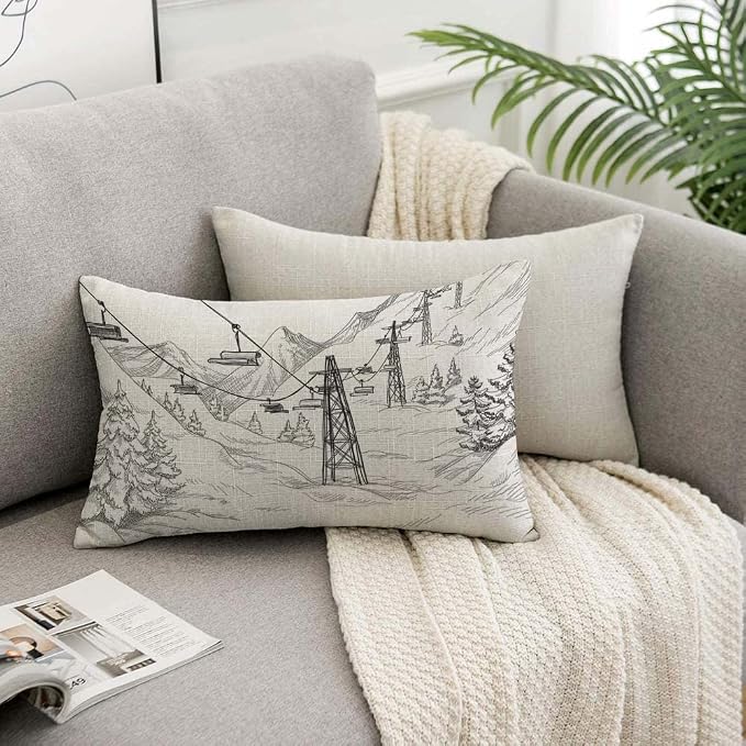 TKS MITLAN Mountain Ski Lift Pillow Cover 12x20 inch Sketch White Wintertime - Image 7