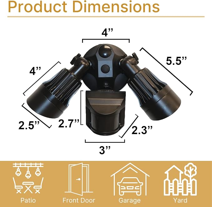 LED Black Motion Sensor 2-Light Bullet Flood Light- 3000K Adjustable Dual Head - Image 3
