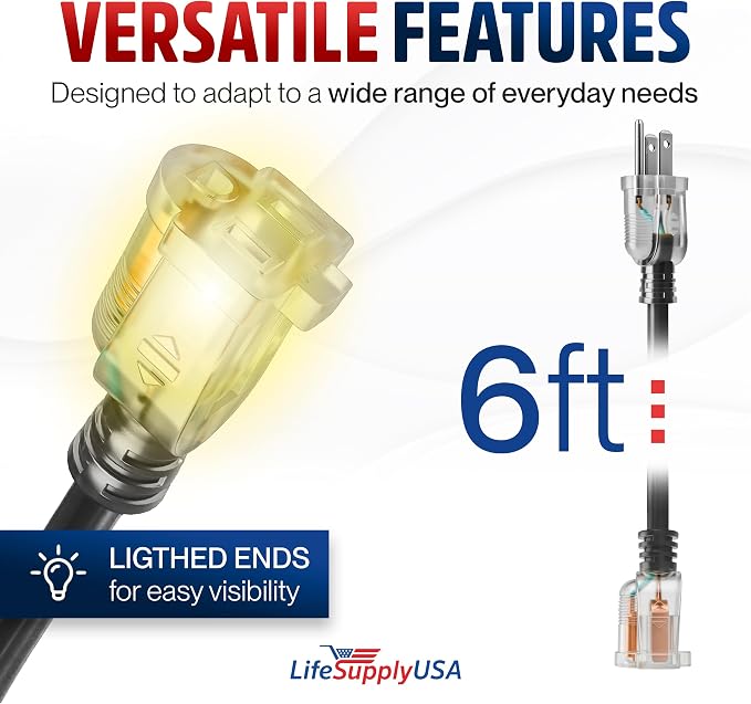6ft Outdoor/Indoor Extension Cord 14/3 Gauge Heavy Duty 3 Prong SJTW, Waterproof - Image 6