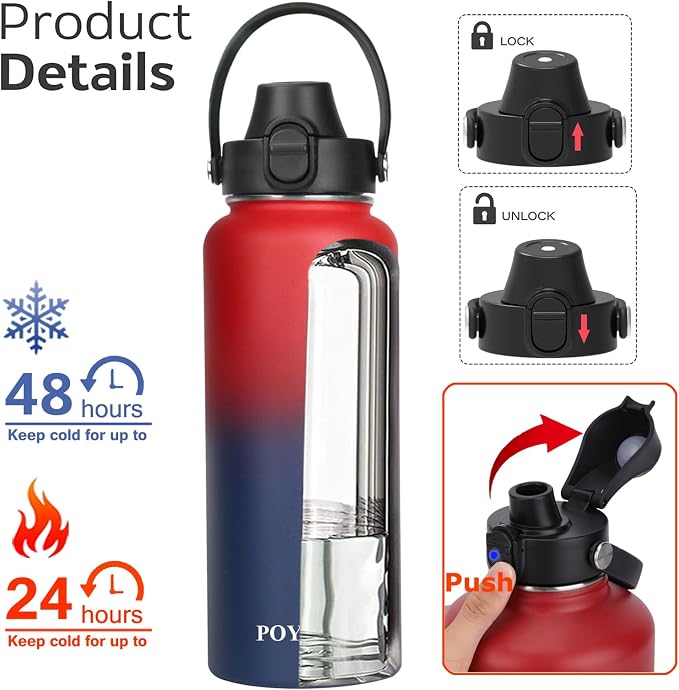 Water Bottle Insulated 32oz 40oz 64oz 128oz Straw Lid Spout Lid & 3 Lids - Image 3
