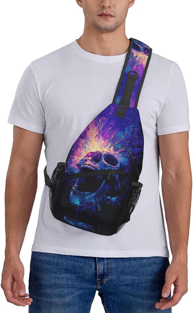 Trippy Skull Sling Bag Crossbody Travel Hiking Chest Backpack Shoulder Daypack - Image 7