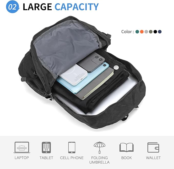 Hiking Daypack Packable, Camping Backpack Water Resistant Lightweight Polyester - Image 3