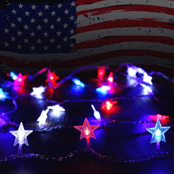 Twinkle Star 4th of July Decoration Lights, 100 LED 49FT Red White Blue Star - Image 2