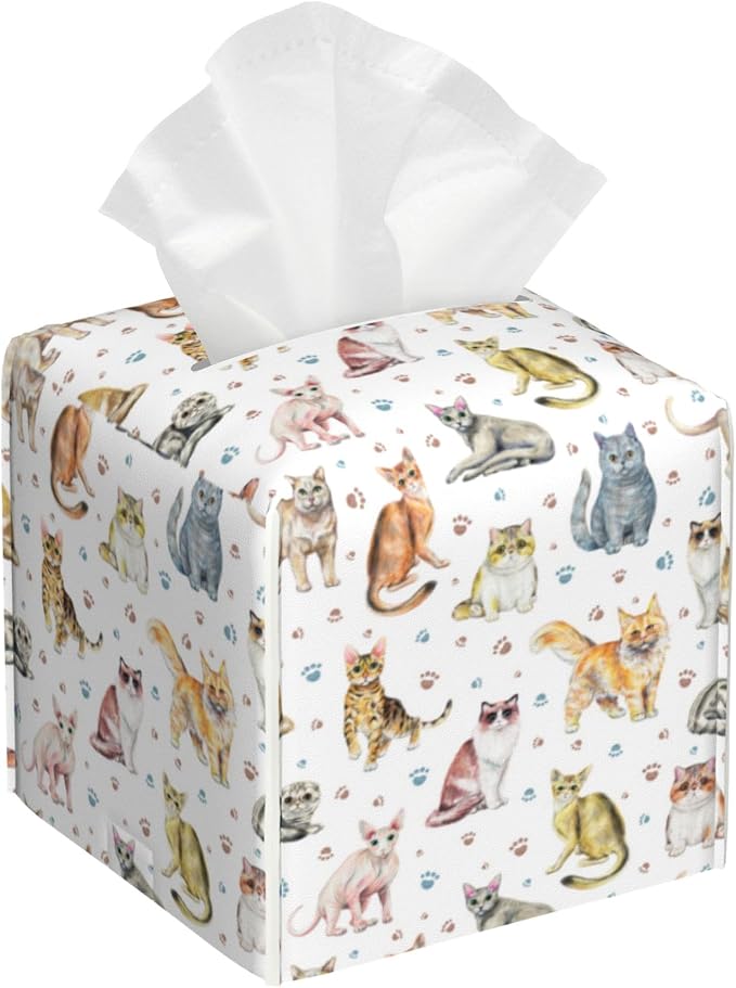 Tissue Box Cover Square, Cute Cats and Paw Tissue Box Holder Waterproof Leather by Unknown