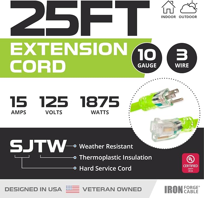 Iron Forge Cable 10 Gauge Extension Cord 25 ft, 10/3 Heavy Duty Extension Cord - Image 2