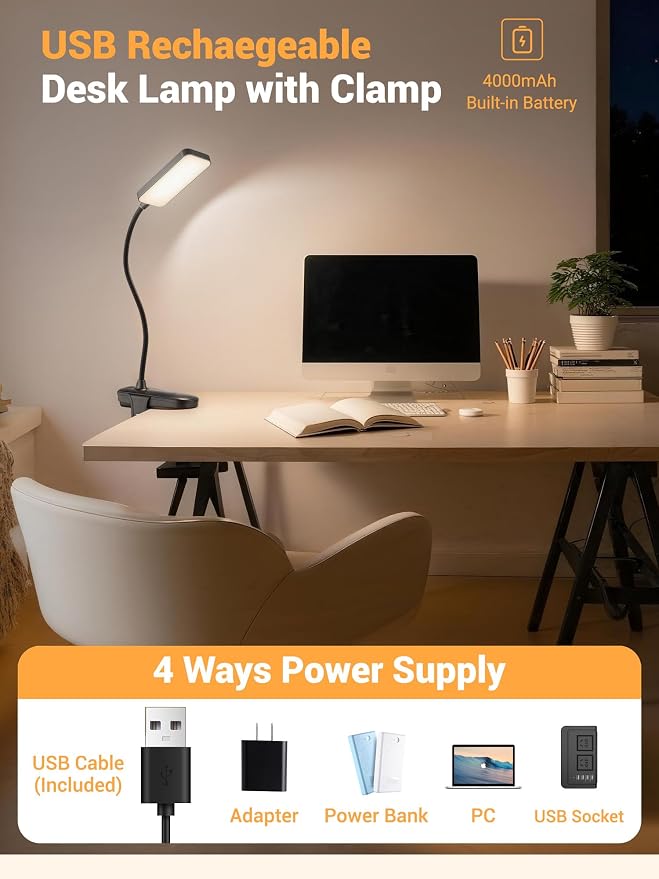 Clip on Light, 9 Brightness+5 Color Rechargeable Desk Lamp, 4000mAh Battery - Image 5