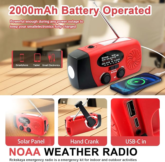 Emergency Hand Crank Radio, 2000mAh/7400mWh NOAA Weather Radio Battery Operated - Image 3