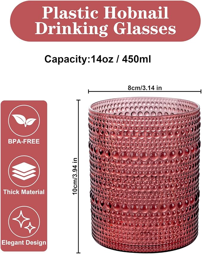 18PCS Plastic Hobnail Drinking Glasses - 14 Oz Burgundy Vintage Glasses Mixed - Image 2