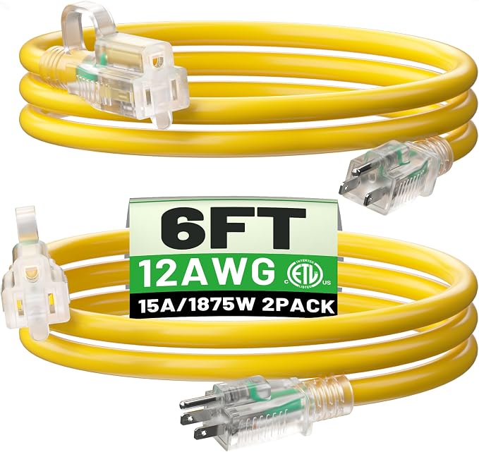 POWGRN 2 Pack 6 ft 12/3 Outdoor Extension Cord Waterproof Heavy Duty by POWGRN