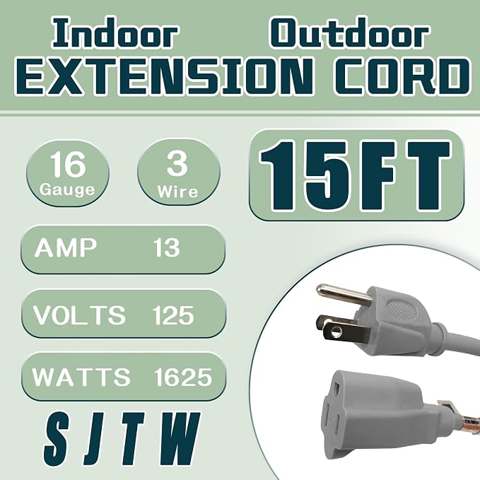 Indoor Outdoor Extension Cord 15 FT, 16/3 SJTW Weatherproof Grey Electrical - Image 2