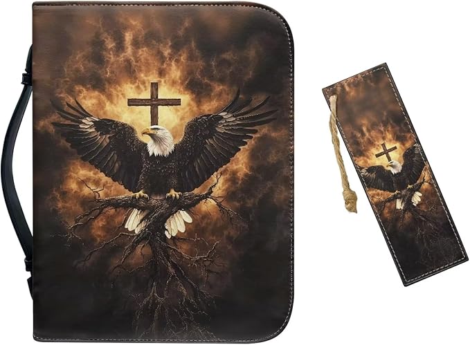 Medium Bible Cover Case for Women Men Bald Eagle and Cross Print PU Leather by Unknown