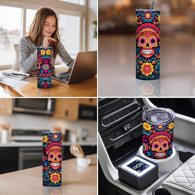 Firmiso 20 oz Tumbler｜Skinny Insulated Travel Mug｜Sugar Skull Floral Stainless - Image 3