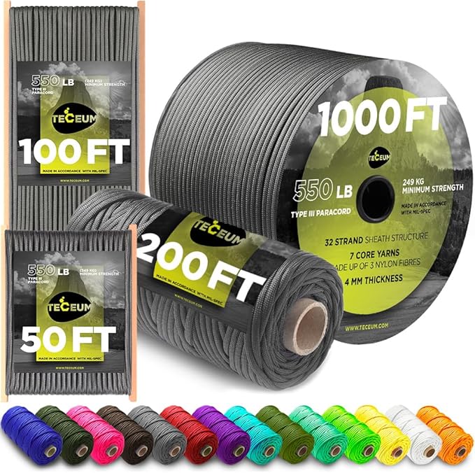 TECEUM 5/32" Paracord Rope 1000 – 1000ft / 200ft / 100ft / 50ft – Tactical by TECEUM