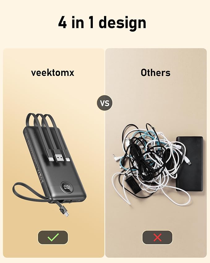 VEEKTOMX Portable Charger Built-in Cables, 10000mAh Power Bank - Image 3