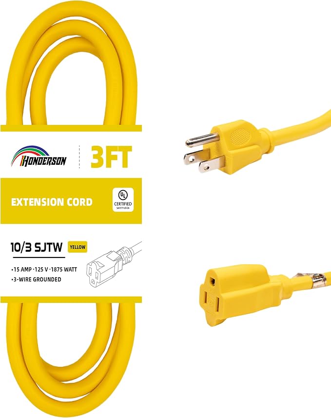 Extension Cord Weatherproof, UL Certified, 10 Gauge 3FT Yellow 3 Prong Heavy by HONDERSON