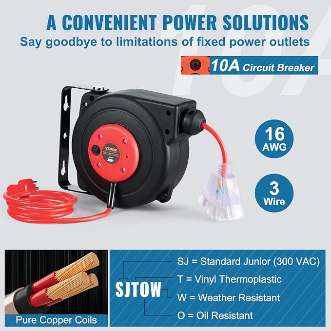 VEVOR Retractable Extension Cord Reel, 30 FT, Heavy Duty 16AWG/3C SJTOW - Image 4