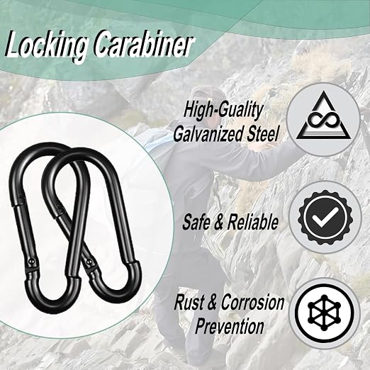 Black Carabiner, Heavy Duty Galvanized Steel Spring Snap Hook Carabiner Clips - Image 3