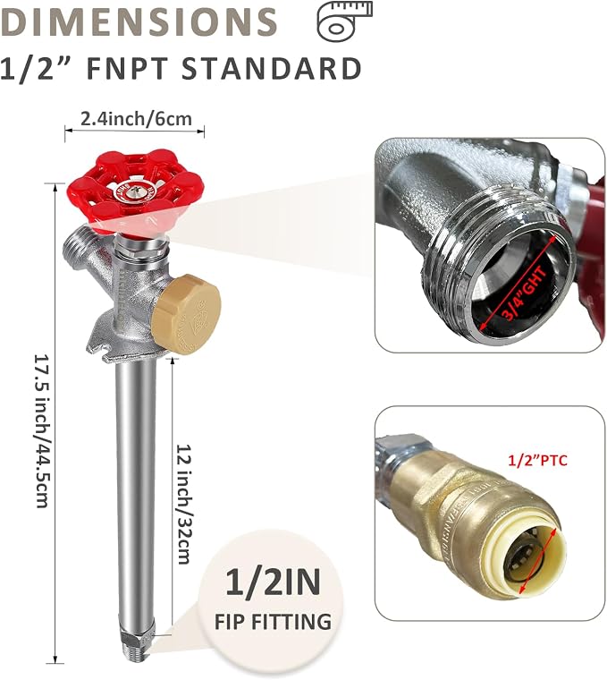 12inch Anti-Siphon Frost Free Sillcock, No Lead Brass Frost Proof Outdoor - Image 3