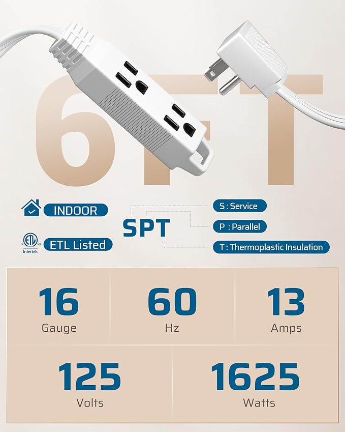 DEWENWILS 6FT Flat Plug Extension Cord, 3 Prong Ultra Thin Power Strip - Image 2