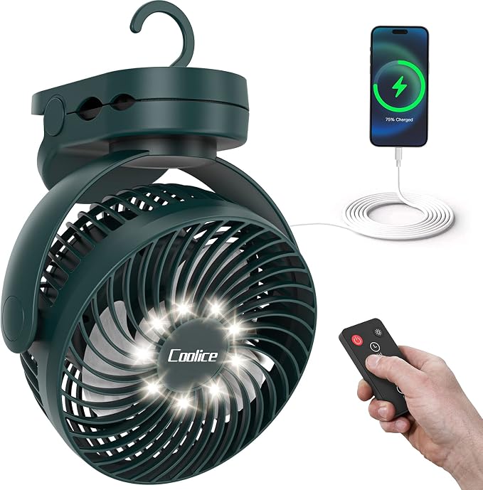 Camping Fan with Remote Control - 12000mAh Rechargeable Battery Powered Fan by Coolice