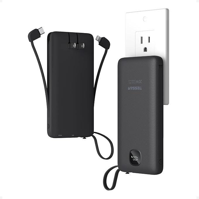TESSAN Portable Charger with Built in Cables, 10000mAh Power Bank Fast Charging by TESSAN