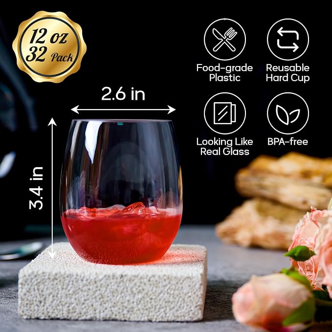 FOCUSLINE 32 Pack Plastic Wine Glasses Stemless, 12 Oz Crystal Clear Disposable - Image 2