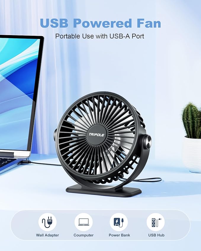 TriPole Desk Fan 2 Pack Black USB Powered Small Portable Fan, 3 Speeds - Image 4