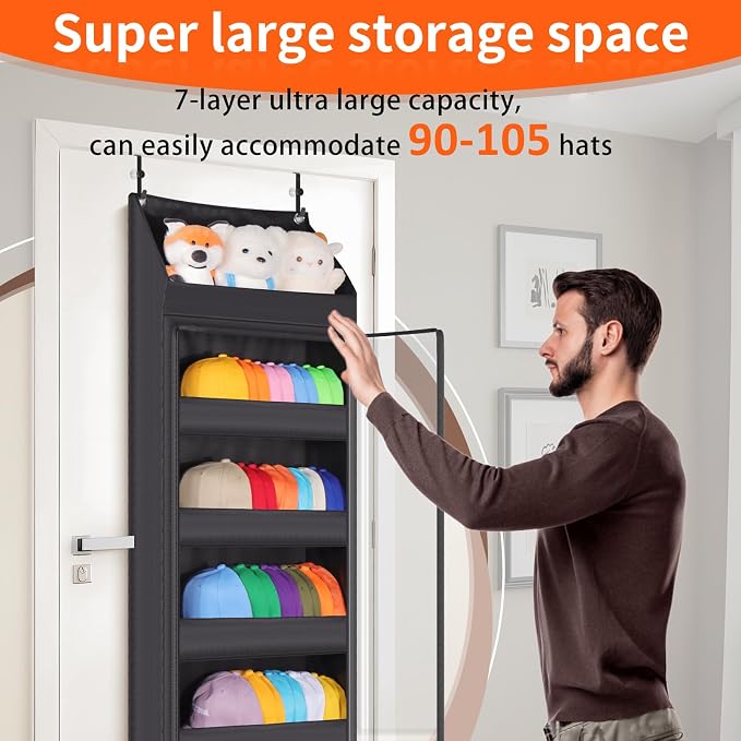 Toread 7-Layer Door-Mounted Baseball Cap Organizer, Dust-Proof Hat Rack Holds - Image 4
