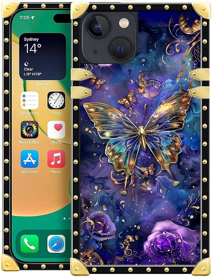 Compatible with iPhone 14 Case, Glistening Golden Butterfly Vibrant Purple Blue by Unknown