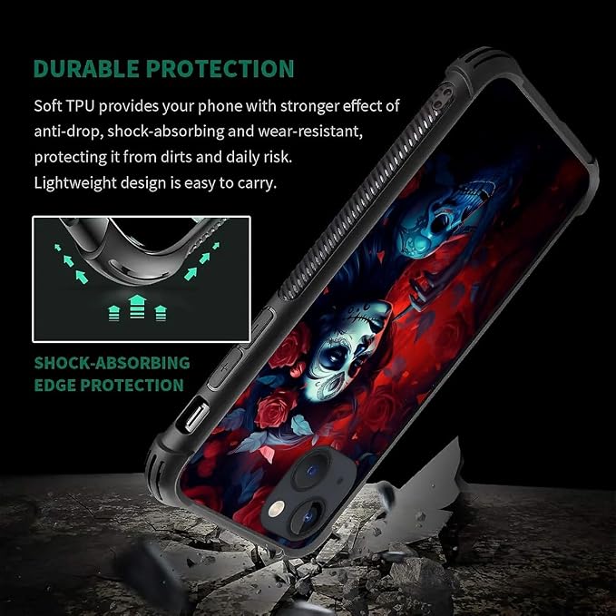for iPhone 14 Case, Skull Lady Rose Pattern Graphic Design Girl Boy Soft - Image 7