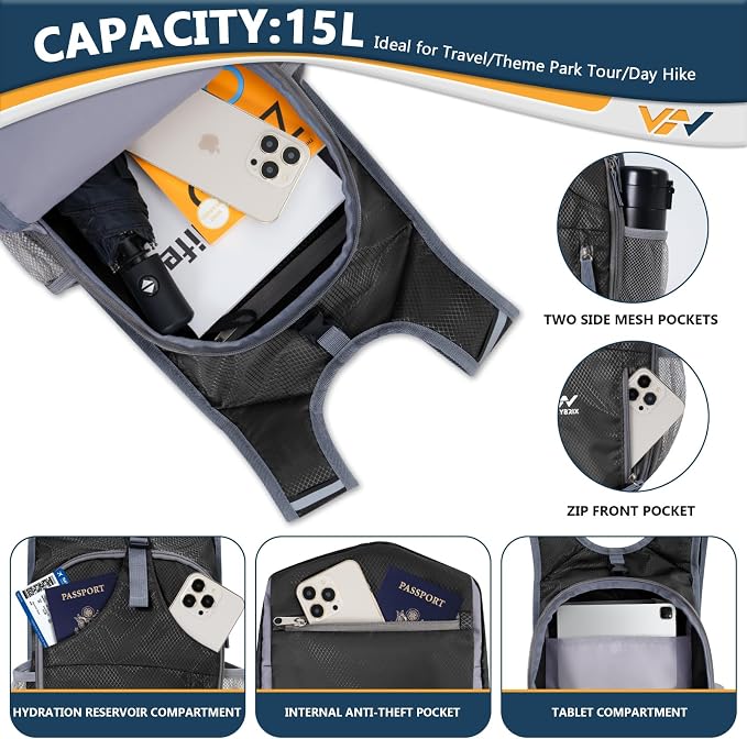 15L Foldable Hiking Backpack, Lightweight Packable Waterproof Machine Washable - Image 5