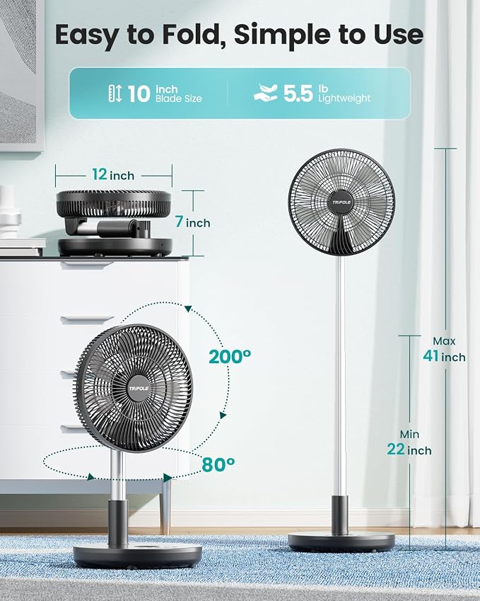 TriPole Foldable Standing Fan 12" Portable Rechargeable Battery Pedestal Fan - Image 4