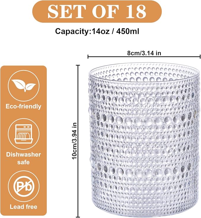 18PCS Plastic Hobnail Drinking Glasses - 14 Oz Clear Vintage Glasses Drinkware - Image 3