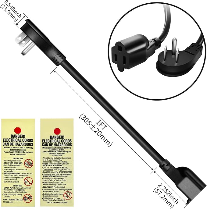 Miady Flat Plug Extension Cord 1 Ft, 90 Degree Plug Adapter, 3 Prong Grounded - Image 4